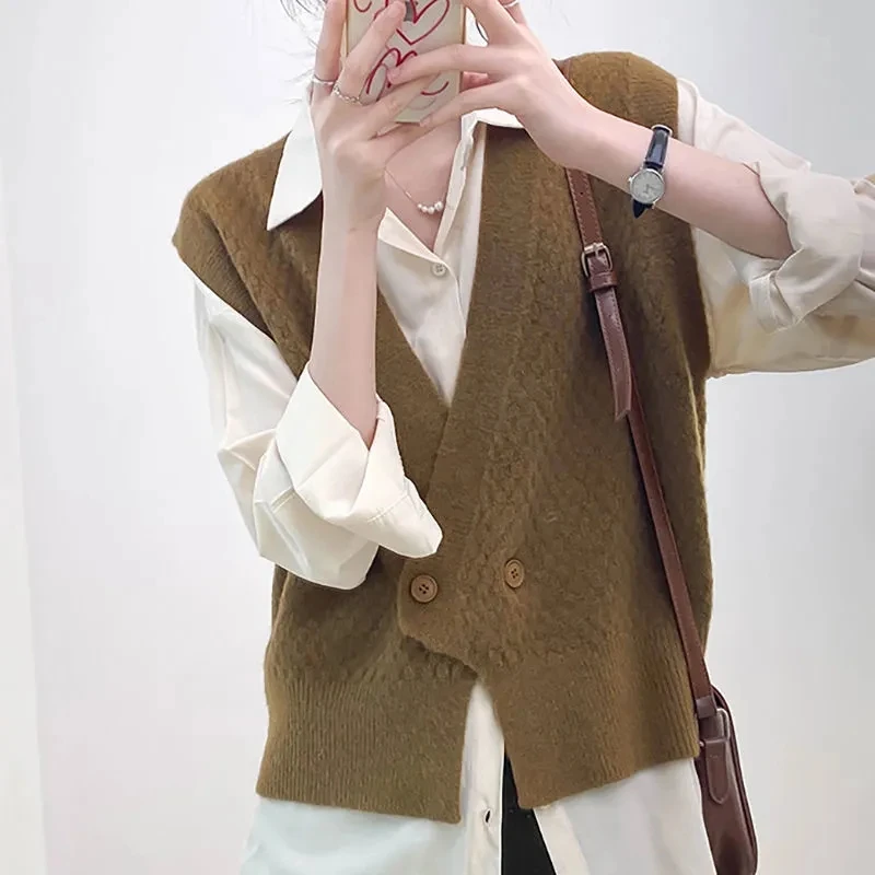 

All-Match Spring Autumn Solid Casual Knitted Vest Pullover Top Women's Loose Soft Warm Sweater Retro Button Coat