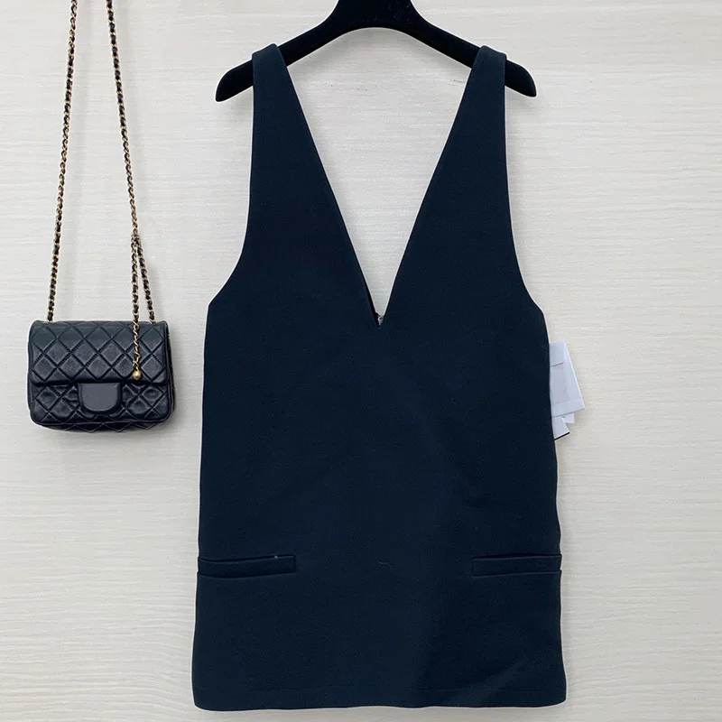 

22 Leisure Silk Sleeveless Wool Vests Dress Women Fashion Zippers Loose Versatile Dress Straighted V Neck Black Tank Top Dresses