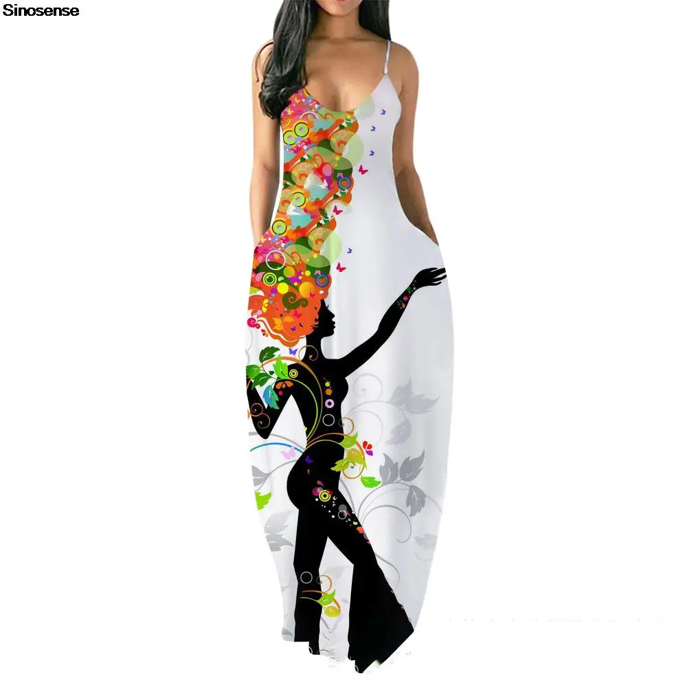 

Women's Casual Loose Dress Pockets Vintage Printed V Neck Spaghetti Strap A Line Summer Boho Dress Long Beach Party Maxi Dress