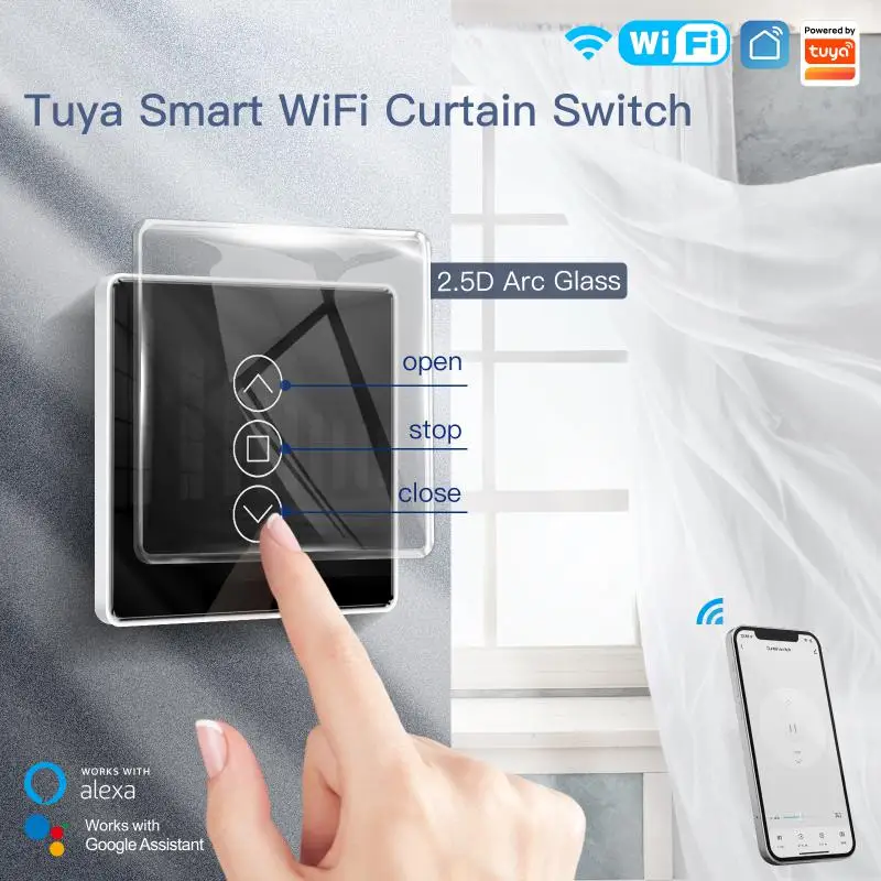 

Tuya WiFi RF433 Smart 2.5D Arc Glass Touch Panel Curtain Switch With Backlight APP Wireless Voice Remote Control Alexa Google