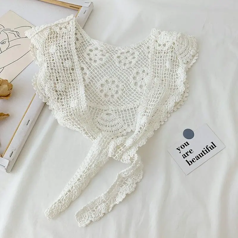 

White UK Lace Flower Shawl Shoulders Cape Vest Fake Collar Capes Knotted Scarf Girl Neck Guard Girl Poncho Wraps Cloak for Women