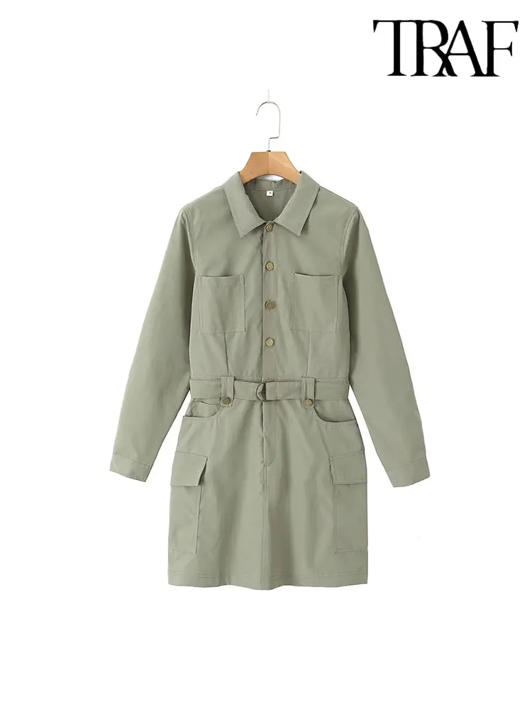 

TRAF 2023 Autumn Vintage Work Midi Dress for Women Long Sleeve Lapel Daily Casual Straight Female Shirt Dress