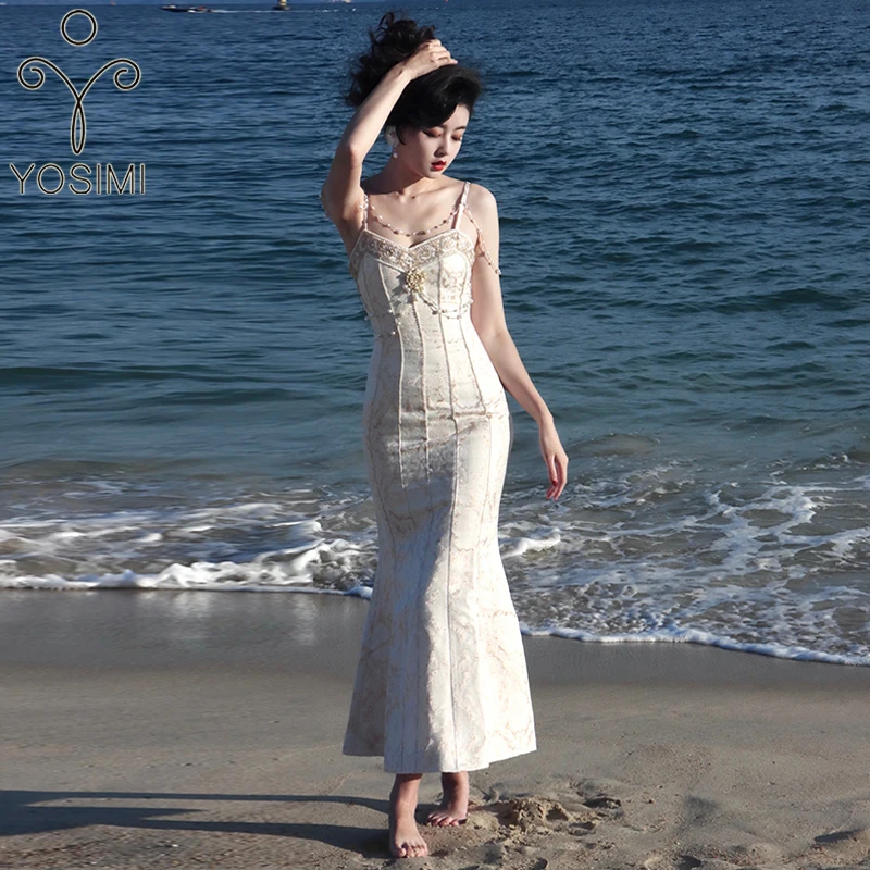 

YOSIMI 2022 Summer Embroidery Long Women Dress Strapless Spaghetti Strap Sleeveless Vintage Sheath Sexy Evening Party Long Dress