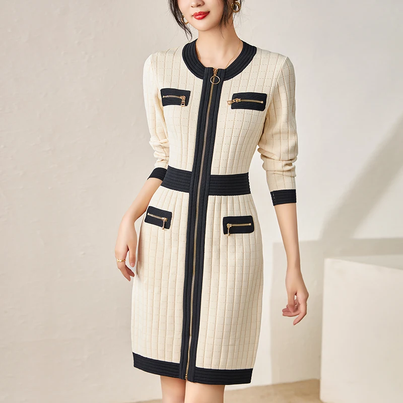 

Элегантные платья для женщин, сезон осень-зима 2023, вязаное платье с длинным рукавом в стиле пэчворк, облегающая женская одежда, модное облегающее платье