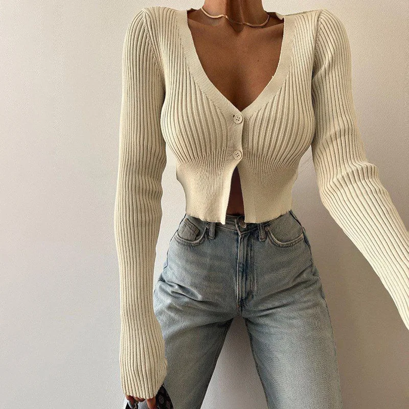 

Spring Autumn Long Sleeve Ribbed Knitted Top Elegant Solid Sexy V Neck Plunge Cropped Tops Blouse Cardigans Button Basic Shirts