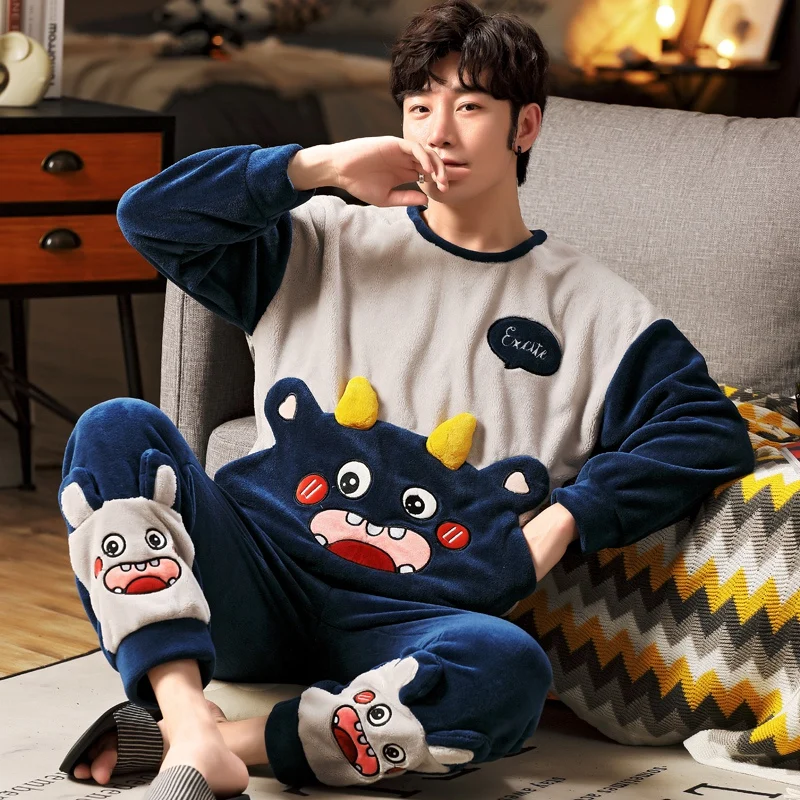 2022 Winter Plus Size Long Sleeve Thick Warm Flannel Pajama Set For Men Korean Cute Cartoon Sleepwear Male Homewear Home Clothes