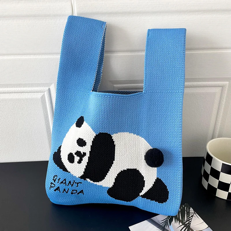 

New Woman Handbag Female Niche Design Cute Panda Knitted Tote Bag Student Vest Bag Mini Knot Wrist Bag Reusable Shopping Bags