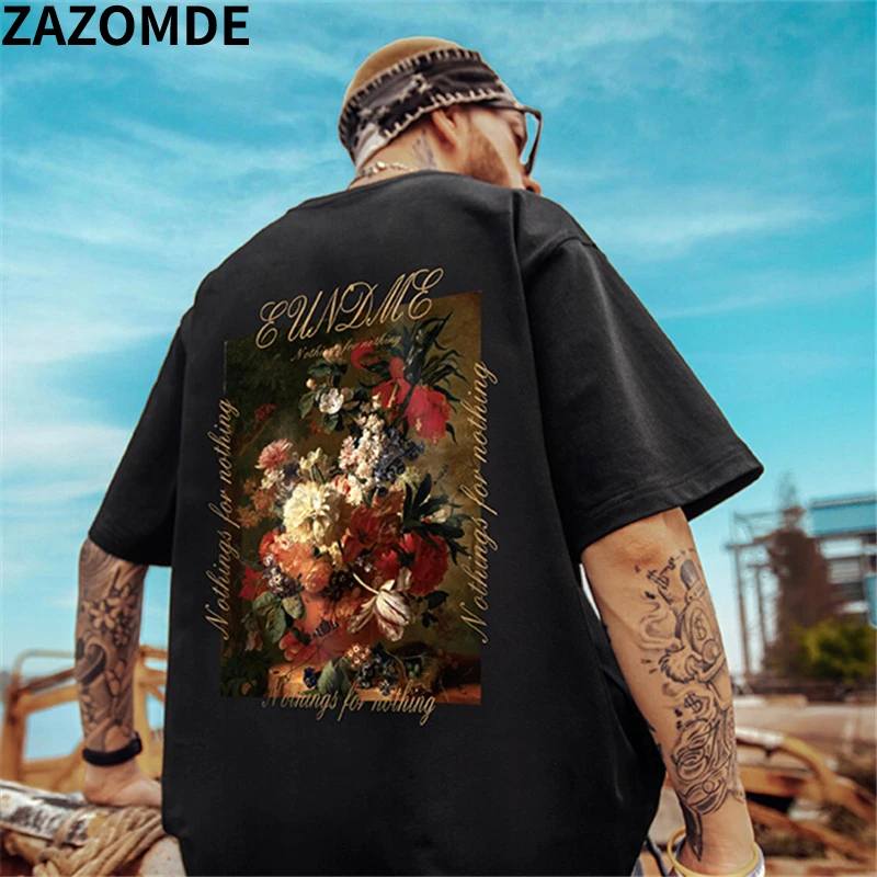 

ZAZOMDE 2023 New T Shirt Streetwear Oil Painting T-Shirt Men Hip Hop Oversized Harajuku Tshirt Cotton Tops Tees Loose Hipster