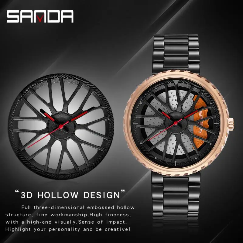 "SANDA Fashion Wheel Rim Men Watch Creative Sport Car Wheel Wrist Watch