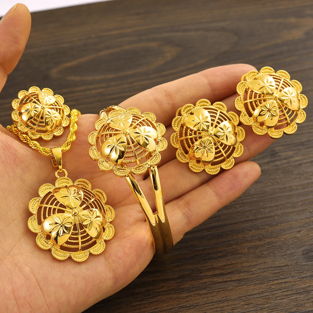 

2022 Ethiopian Necklace Earring Ring Bangle Set Classic Fashion Ethiopia Gold Eritrea Set for Women's Habesha Wedding Party Gift
