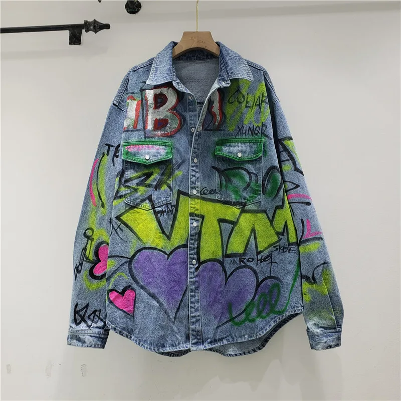 Куртка женская джинсовая с длинным рукавом винтажный пиджак из денима принтом