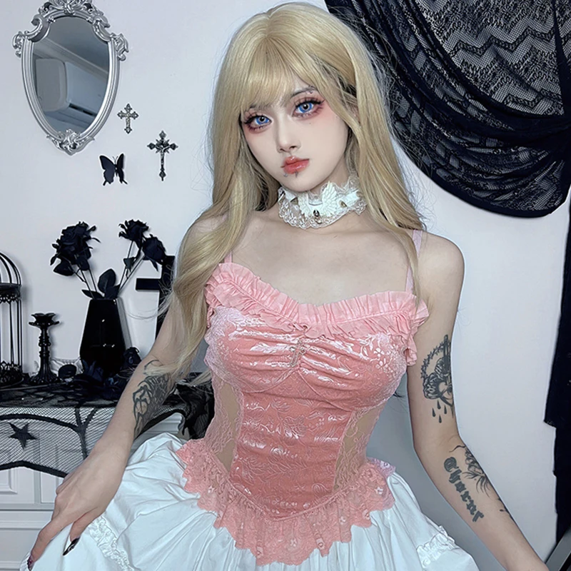 

Goth Dark Lolita Pastel Gothic Kwaii Velvet Pink Camisoles Soft Girl Aesthetic Ruched Lace Trim Crop Tops Sweet Women Sleeveless