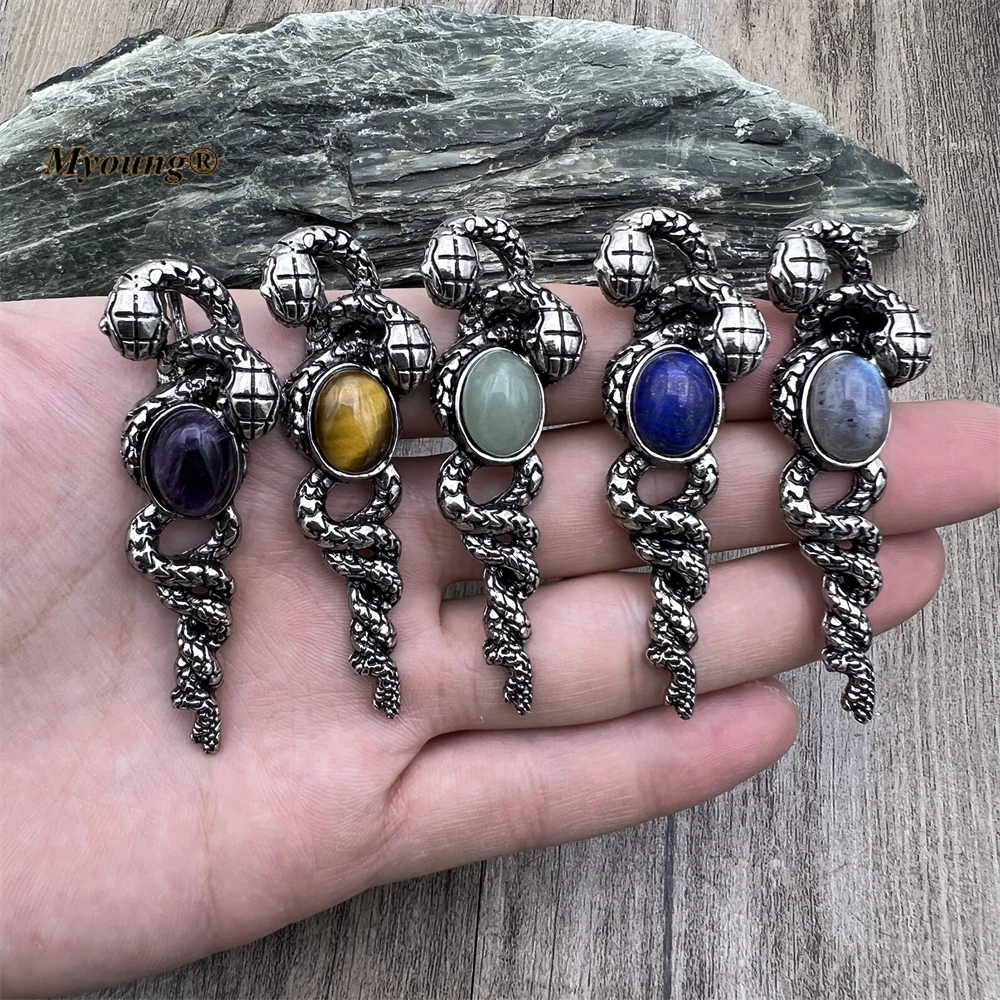 

10PCS Natural Gems Stone Bead Paved Witch Wand Magic Crystal Fairy Wands Pagan Snake Staff Vintage Pendant MY230420