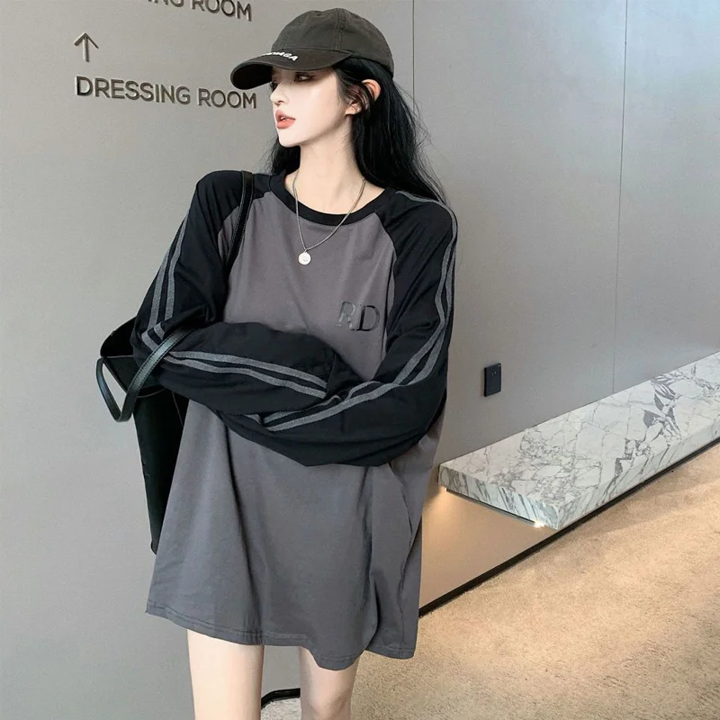 

Spring New Patchwork Loose T Shirt Tops Long Sleeve Round Neck All-match Pullovers Trend Korean Fashion Women Clothing