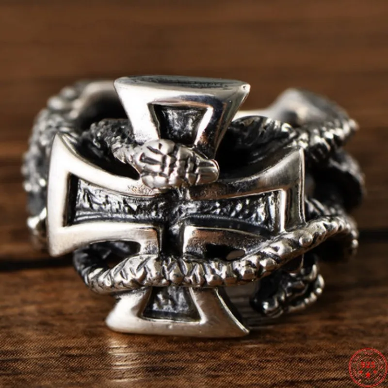 

S925 Sterling Silver Rings 2022 New Fashion Python Snake Winding Cross Solid Argentum Viking Jewelry Amulet for Men Women