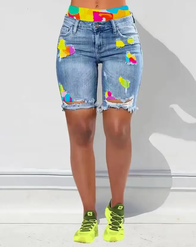 Women Fashion Tie Dye Print Ripped High Waist Denim Shorts European & American Women's Skinny Jeans Shorts