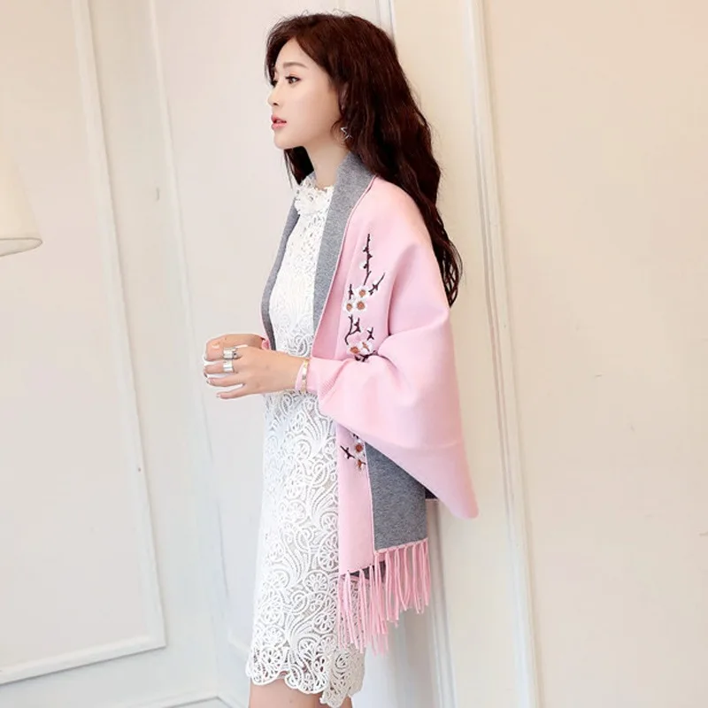 Ladies Autumn and Winter Shawl Cape Knit Sweater Embroidered Mid-Length Loose Embroidered Cardigan Jacket Women