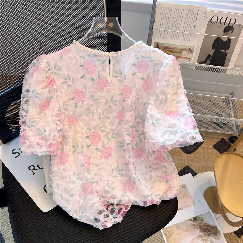 Женские летние рубашки с бусинами и цветочным принтом новинка 2024 шикарная