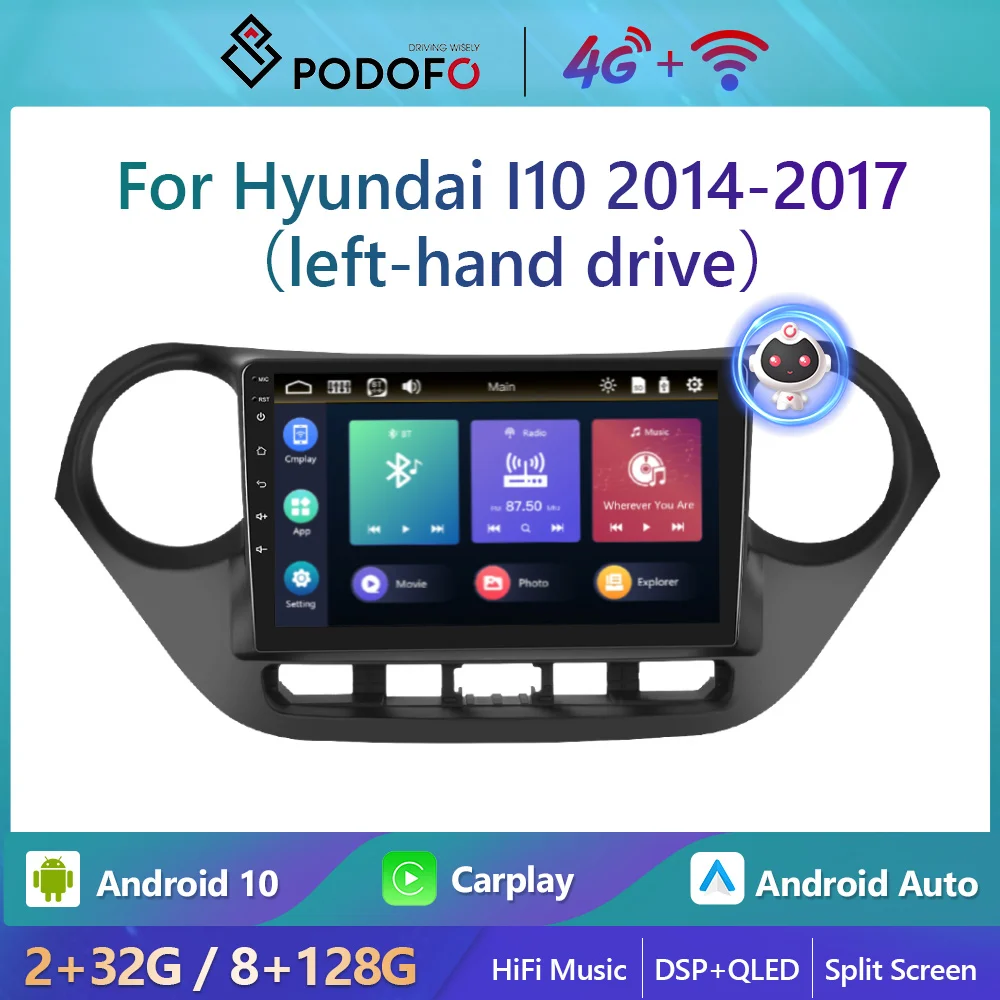 

Автомагнитола Podofo, 4G, Wi-Fi, для Hyundai I10 2014-2017, 8 + 128 ГГц