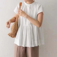 blouse solid color round neck loose fashion single breasted elegant chic fresh ladies leisure tops summer 2022 new korea japan