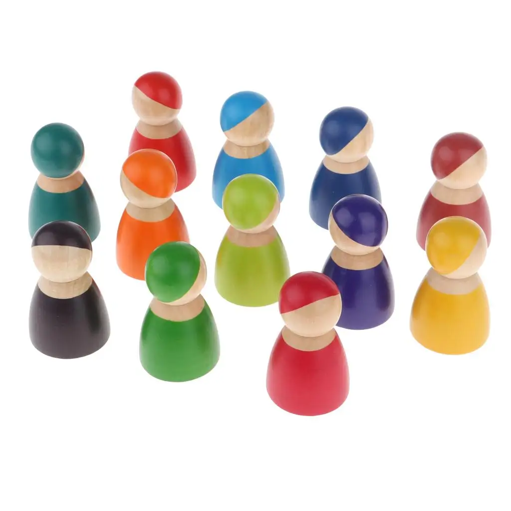 

12pcs Wooden Rainbow Peg Dolls People Set DIY Blocks Accessories for Kids