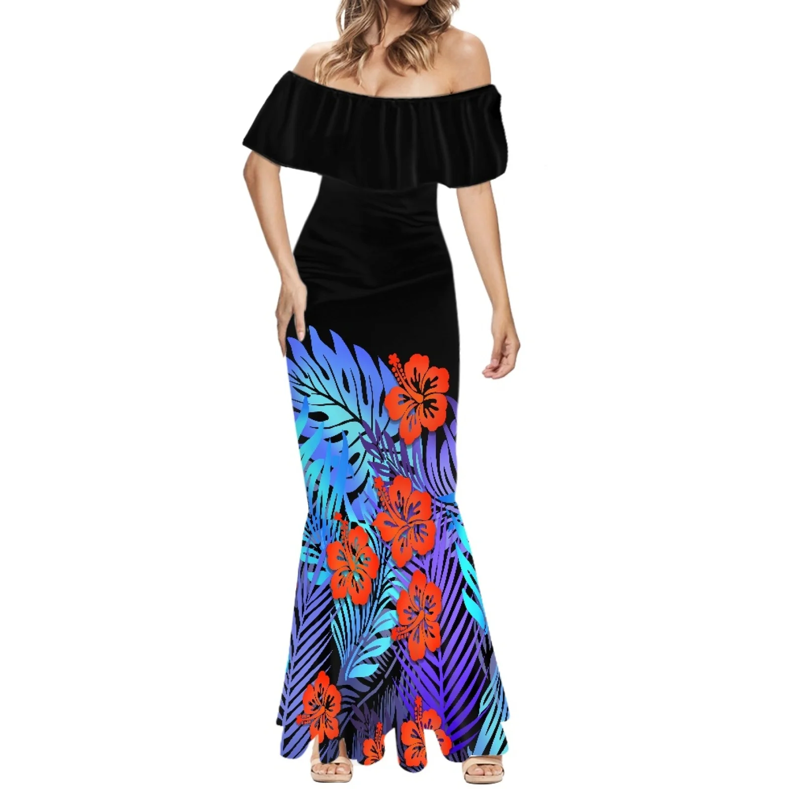 

Женское платье-годе с коротким рукавом, элегантное пляжное платье с принтом ФРАНЖИПАНИ, на одно плечо, пикантная длинная юбка, полинезийский Гавайский стиль, лето
