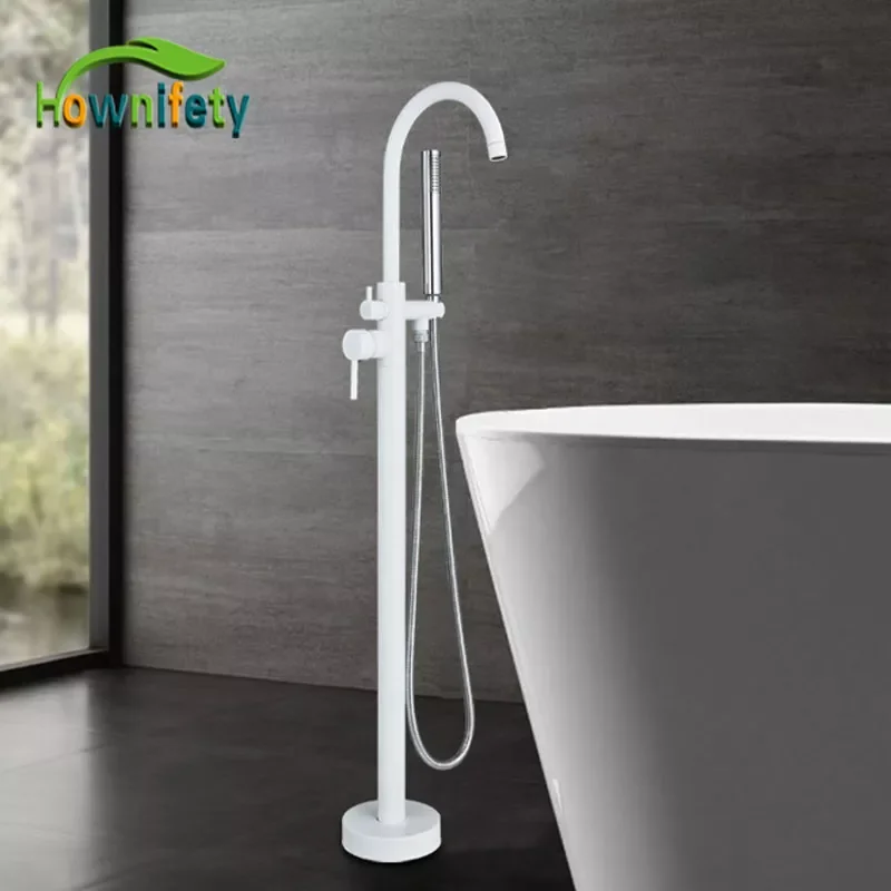 

White Floor Standing Bathroom Shower Faucet Deck Mount Hot Cold Mixer Crane Tap Rotation Bath Tapware