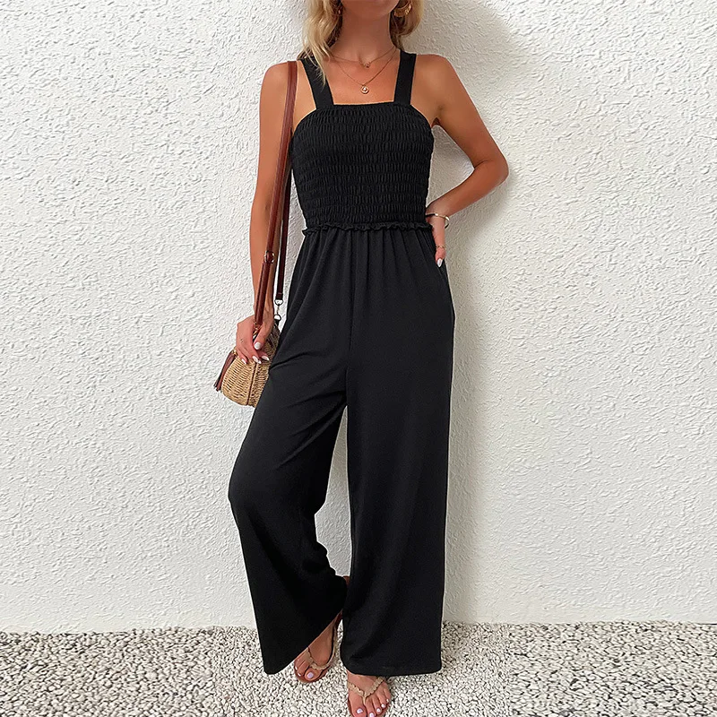 

New Summer Suspenders One-piece Wide Leg Pants Black Loose Women S M L XL