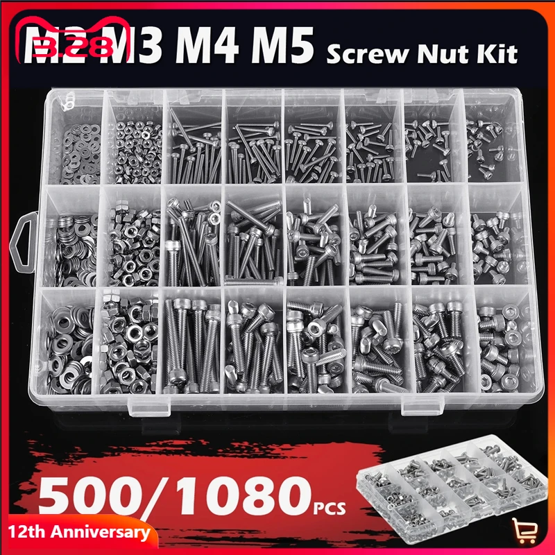 

1080/500 шт 304 Нержавеющая сталь шестигранный винт гнездо Гайка плоская шайба комбинированный набор с круглой головкой M2/M3/M4/M5 комплект