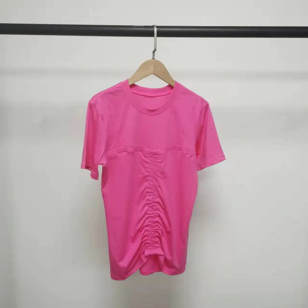 

2022 summer new white round neck pleated T-shirt slim simple casual top