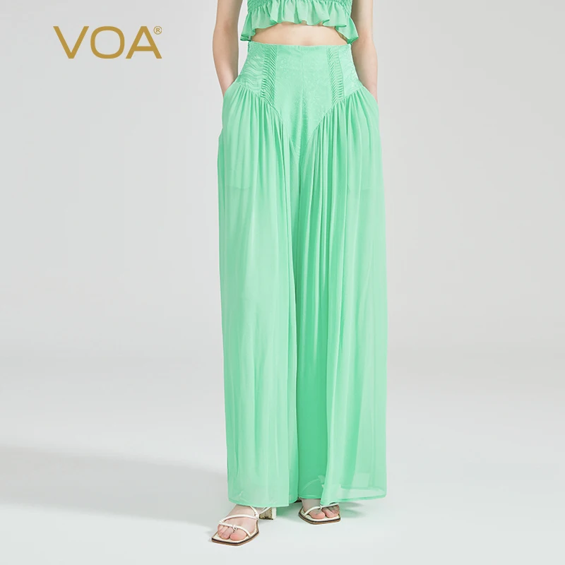 

VOA Double Layer Georgette Pure Silk Patchwork Jacquard Trousers Brocade Natural Waist Side Pockets Green Silk Skirt Pants KE980