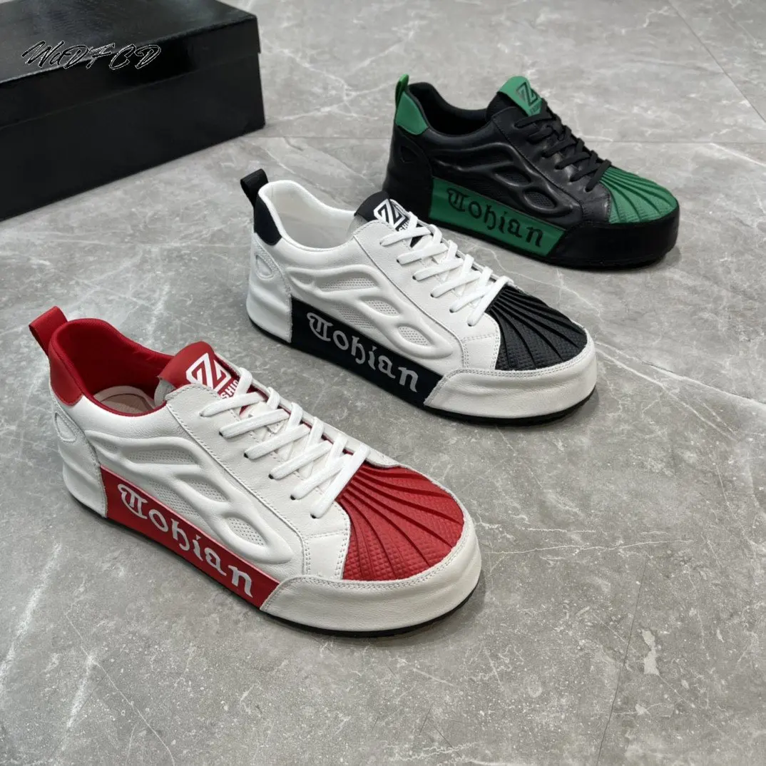 

Chunky Sneaker Men Shell Toe Cover Bottom Board Shoe Fashion Casual Genuine Leather Breathable Increased Internal Platform Shoes