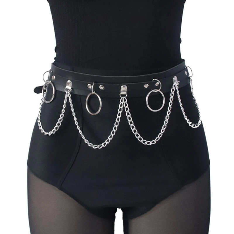 

2 Layered Punk Waist Belly Chain Belt for Women Alloy and PU Leather Layered Chain Night Club Dance Party Body Supplies