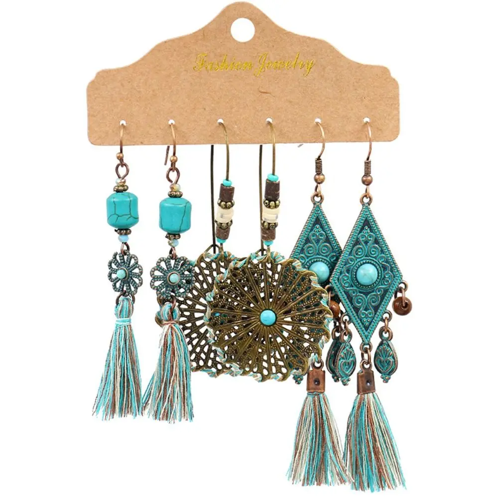 3 Sets Fashion Bohemian Style Tassel Earrings Pendant Hollow Ethnic Ear Rings Retro Antique Alloy Earring Travel