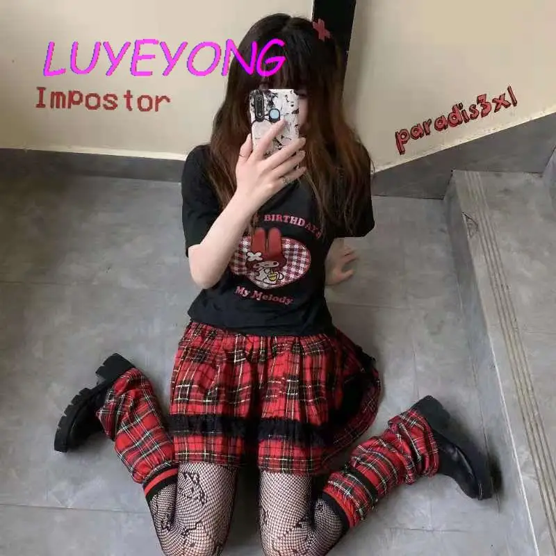 Корейская мода Y2k Милая клетчатая кружевная короткая юбка с эластичной талией