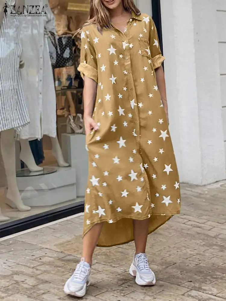 

2022 Fashion Beach Irregular Hem Robe Femme Women Casual Midi Dress ZANZEA Holiday Elegant Shirt Dress Oversized Printed Dresses