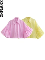 xnwmnz 2022 women fashion striped big puff sleeve short shirt retro art lapel loose version female chic shirt