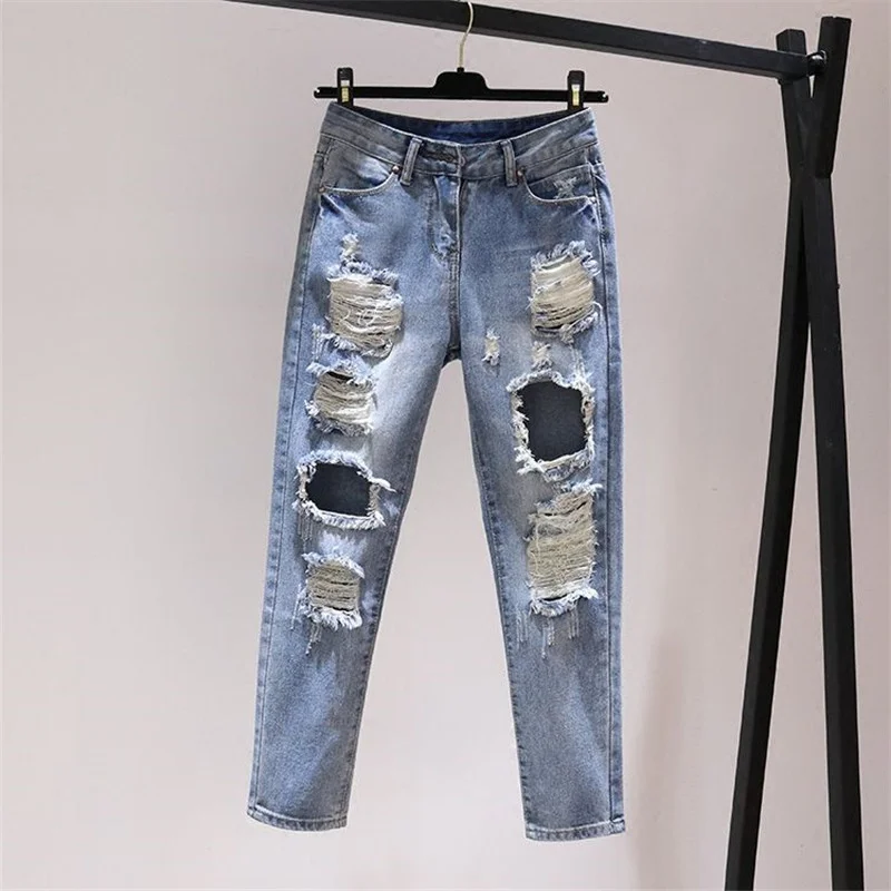 

Korean Hole JeansWomen Spring Summer New Loose Bf High Waist Denim Pants Women Straight Nine Points Cowboy Trousers