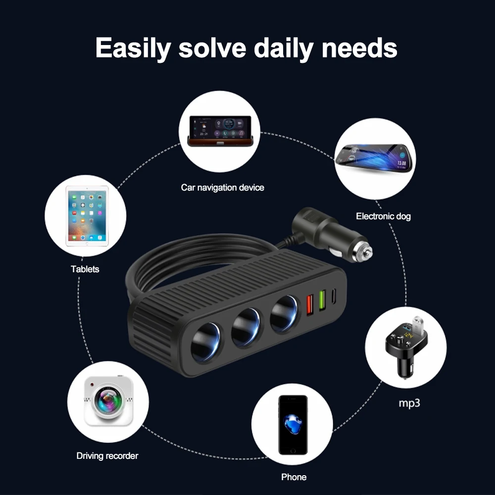 Универсальное зарядное устройство USB One-to-three + QC3.0 PD3.1A порт для зарядки 12 В/24 В |