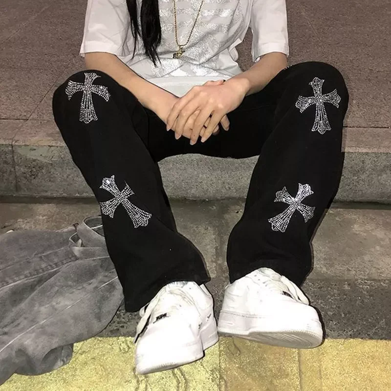 

2022 Women Black Gothic Hot Diamond Cross Printed Jeans Spring Autumn Female Fashion Harajuku Streetwear Straight Baggy Jeans