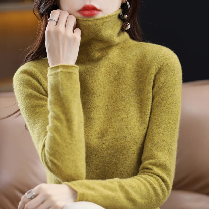 Merino Wool Cashmere Sweater Women's High Stacked Collar Pullover Long Sleeve Winter Knitted Sweater Warm High Quality Jumper images - 6