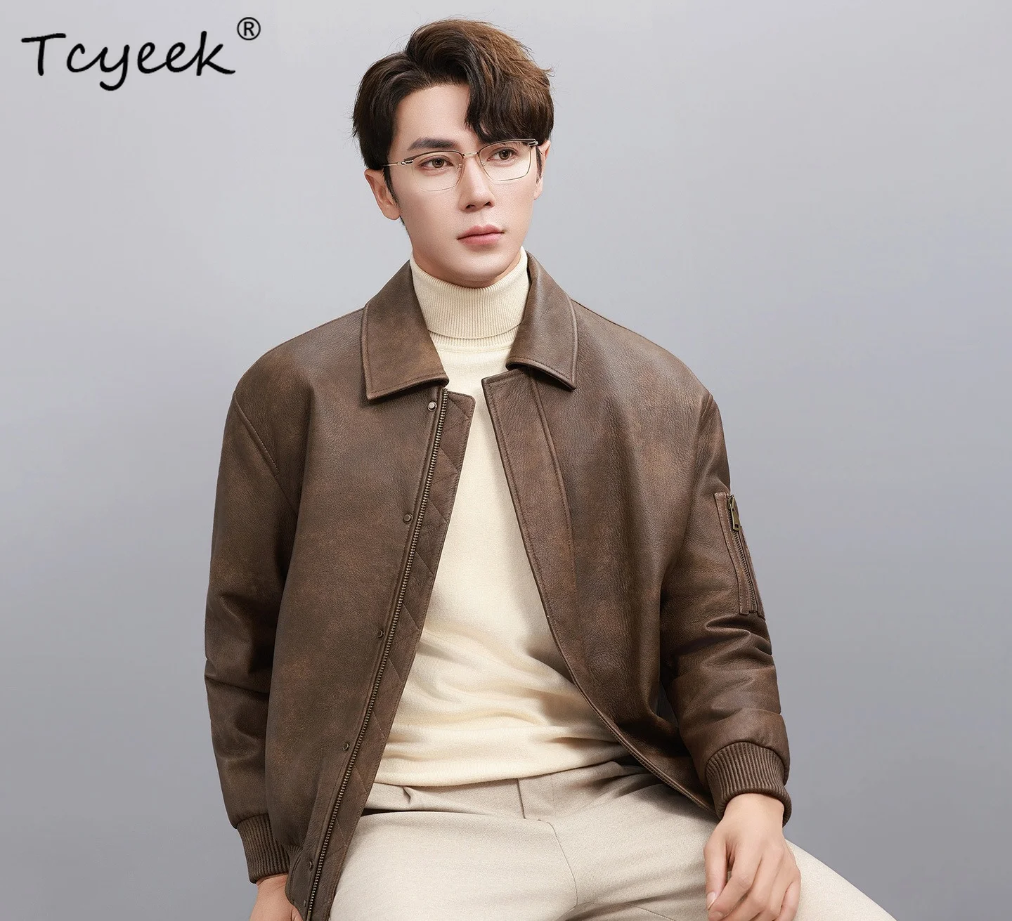 Фото Куртка из натуральной козьей кожи Tcyeek, мужская одежда, пуховики из белого гусиного пуха, модные мужские мотоциклетные куртки, осенне-зимняя коллекция 탑건 №3