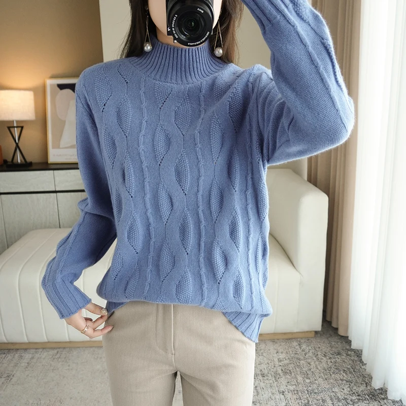 

2022 winter new half-high neck twisted woolen lazy sweater women's long-sleeved loose thick cardigan sweater