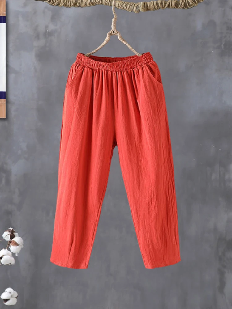 Women's Pants Fashion Casual Cotton Linen Solid Ankle-Length Pants for Women Oversized Elastic Waist Wide Leg Pants Women 2023