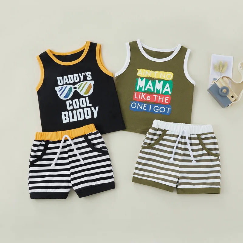 

Kids Boys Casual Summer Pants Suit Round Neck Tank Tops and Stripe Print Elastic Waist Drawstring Shorts
