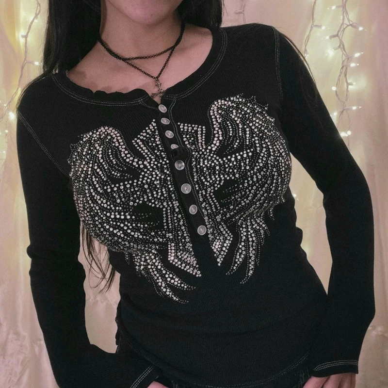 

Женская футболка с принтом драка Y2K, Готическая футболка с длинным рукавом, на пуговицах, в стиле Харадзюку, винтажный кроп-топ в стиле панк, в стиле ретро, 2000