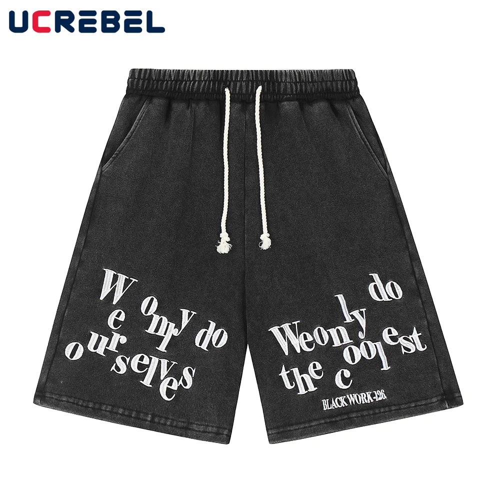 

Summer Streetwear Distressed Shorts Mens Retro Letter Embroidery Wide Leg Loose Knee-length Shorts Men