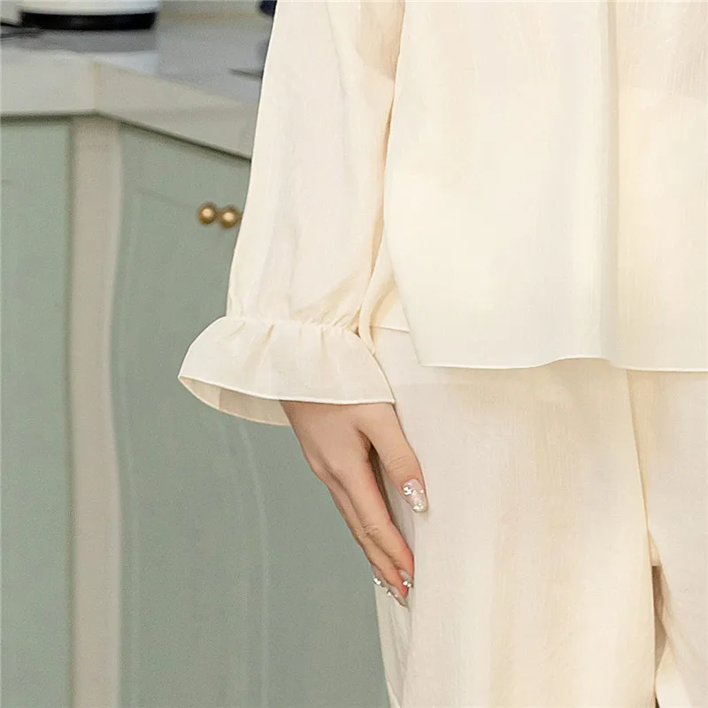 2023 Spring and Summer New Pajamas Women's Woven Cotton Long-Sleeved Trousers Lapel Sweet Girl Cute Suit