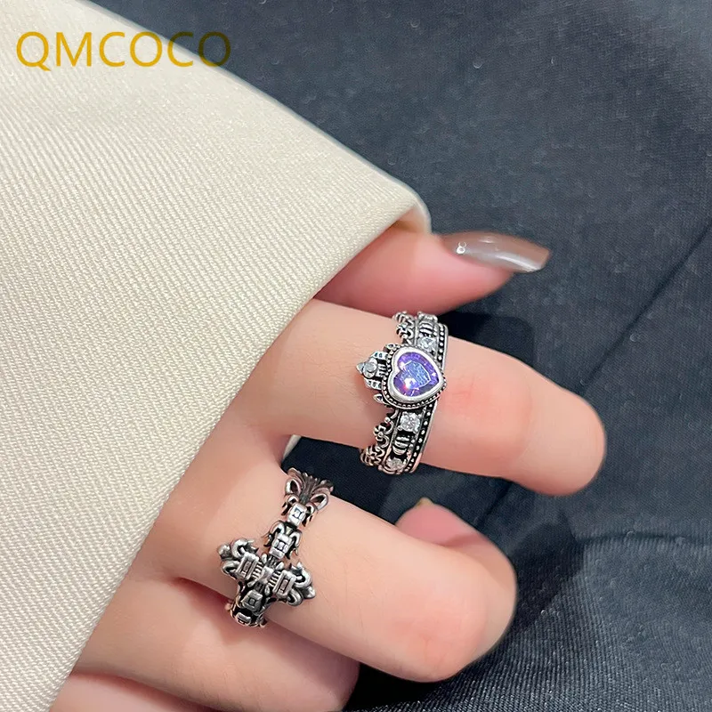 

Silver Color Cross Heart Crown Punk Ring Women Bohemian Style Retro Distressed Fashion Jewelry Accessories Give For Her