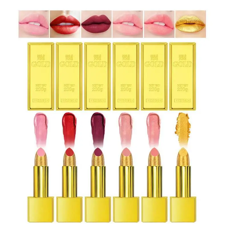 

Gold Lipstick Metallics 6-Color Moisturizing Metallics Lipstick Long Lasting Smudge-Proof Lip Gloss Kit Make Up Gift Lipstick
